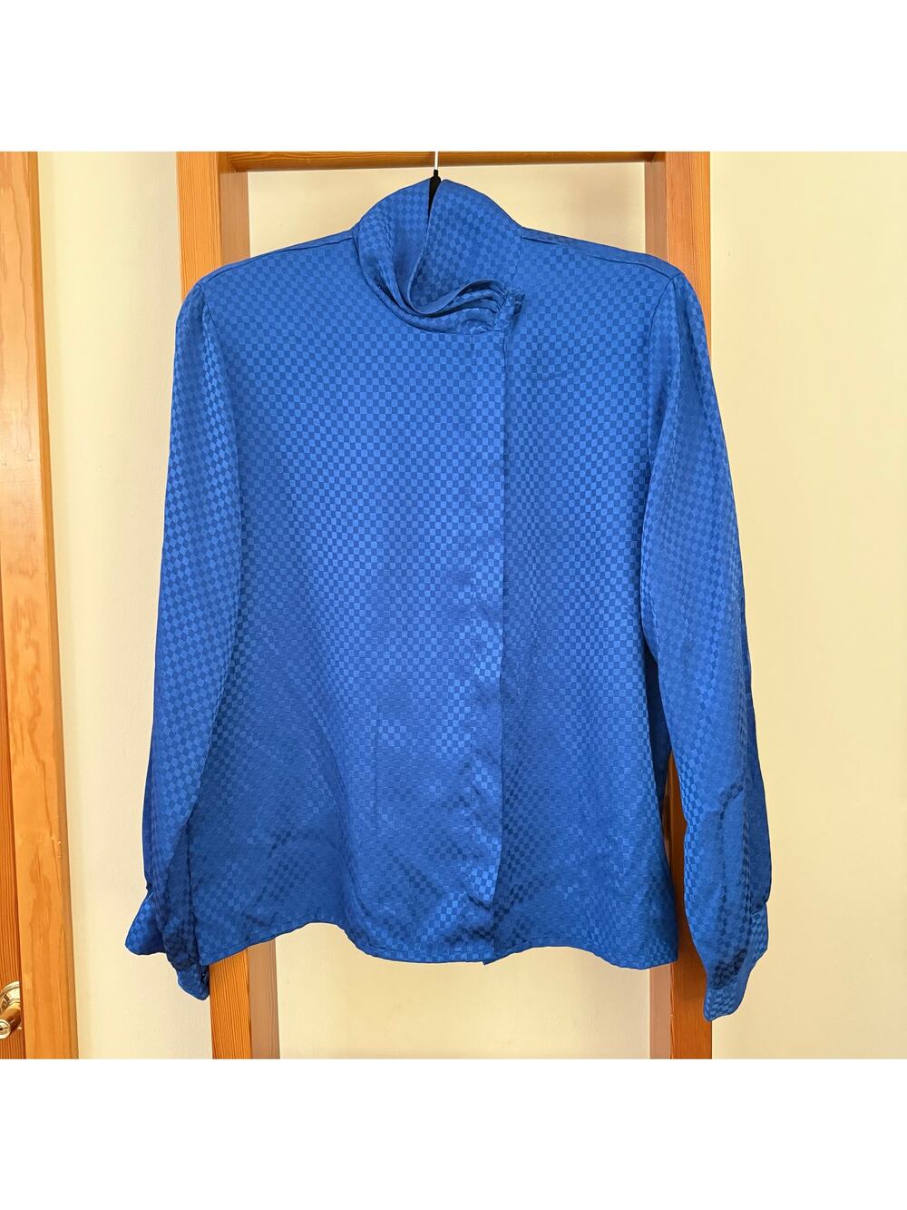 Vtg DVF Cobalt Tonal Check Long Slv Blouse Romantic Victorian Asymmetric Drapey